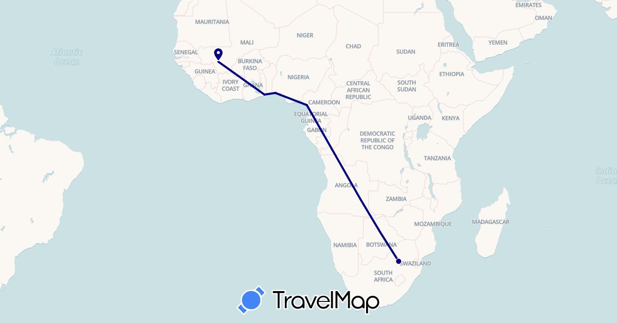 TravelMap itinerary: driving in Cameroon, Mali, Nigeria, Togo, South Africa (Africa)